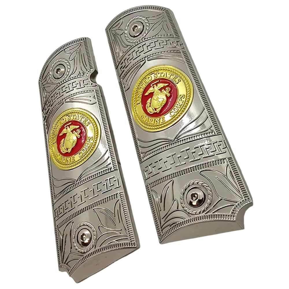 1911 Full Size Nickel Gold Metal Grips USMC Emblem w/ Ambi Cut + Screws-img-1