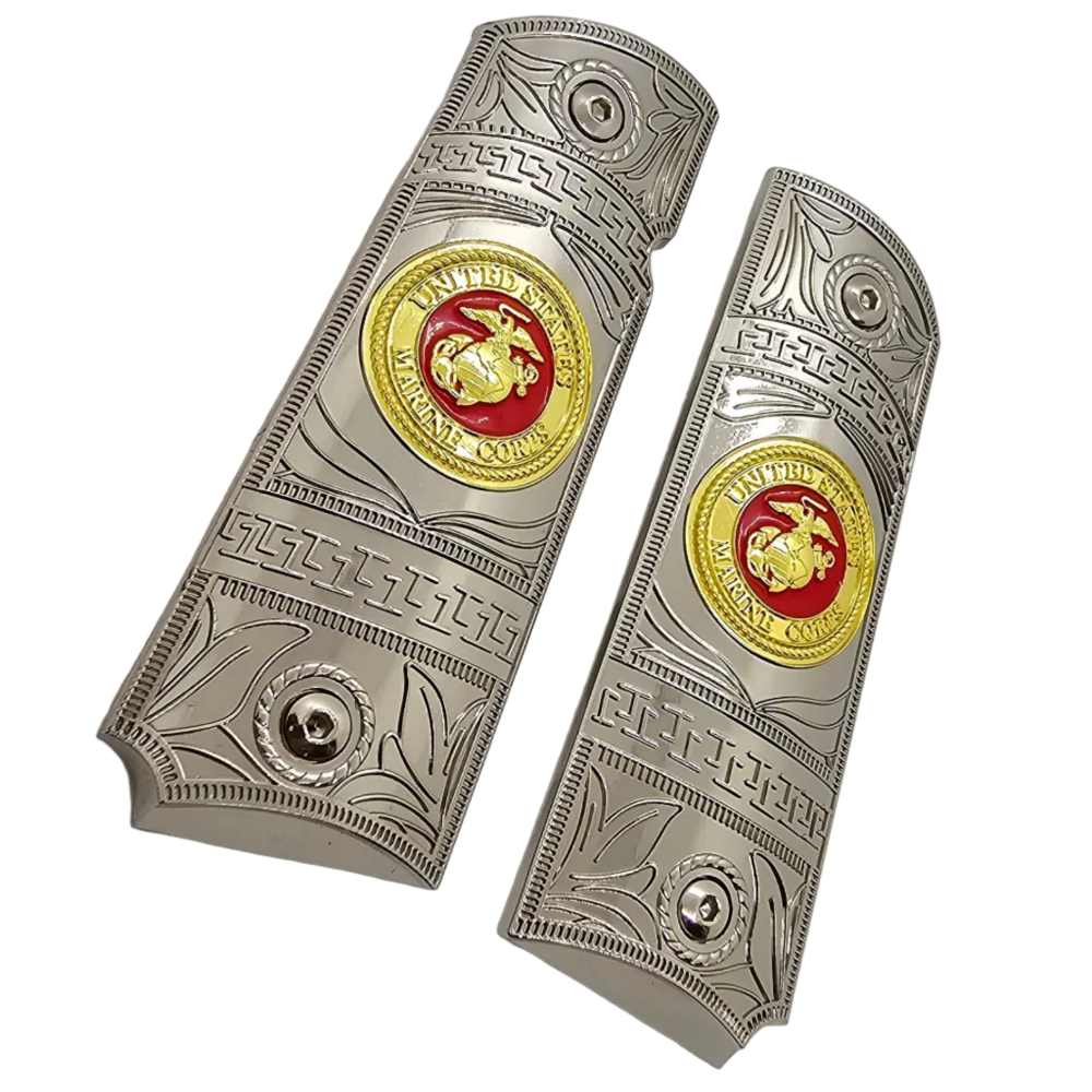 1911 Full Size Nickel Gold Metal Grips USMC Emblem w/ Ambi Cut + Screws-img-2