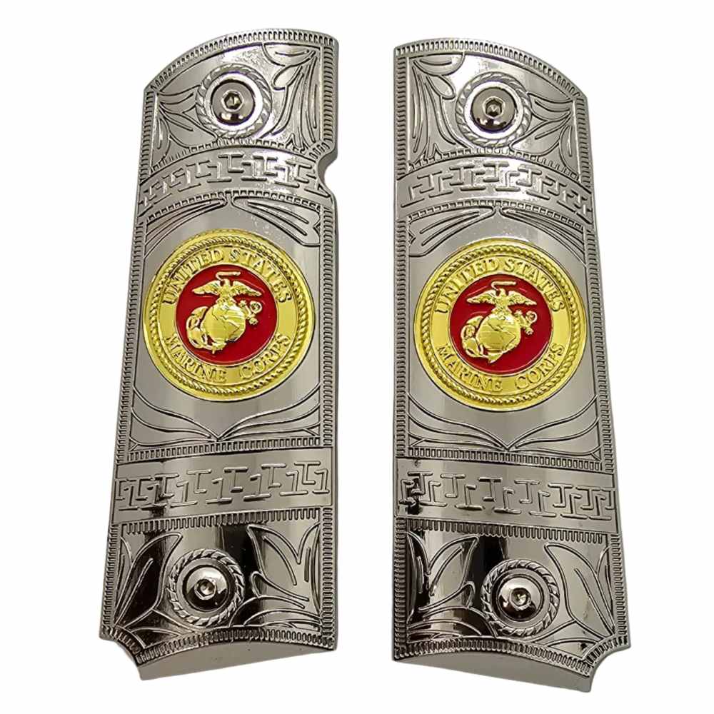 1911 Full Size Nickel Gold Metal Grips USMC Emblem w/ Ambi Cut + Screws-img-0