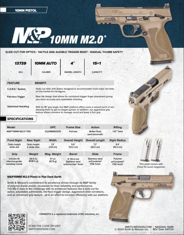 Smith & Wesson M&P M2.0 4" Barrel SKU: 13739 10MM Optics Ready FDE-img-3