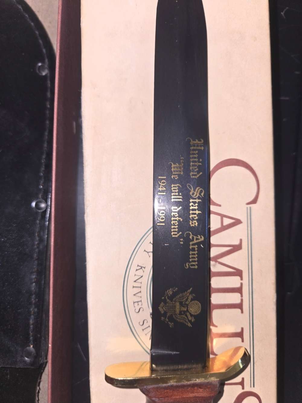 Camillus m3 knife us army 50th anniversary ww2 made 1991 gold flaming bomb -img-3