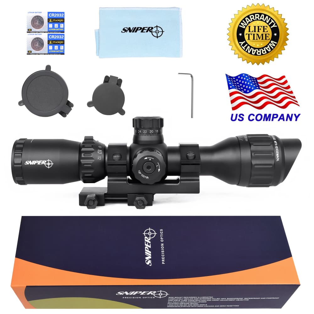 SNIPER 3-12x33 Compact Riflescope Mil-Dot RGB Front AO /w Picatinny Rings-img-0