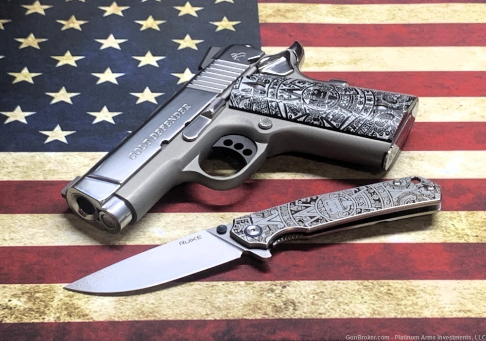 Ultra Rare COLT 1911 Defender 45 ACP 1911 Bright Polished Aztec Knife/Grips-img-11