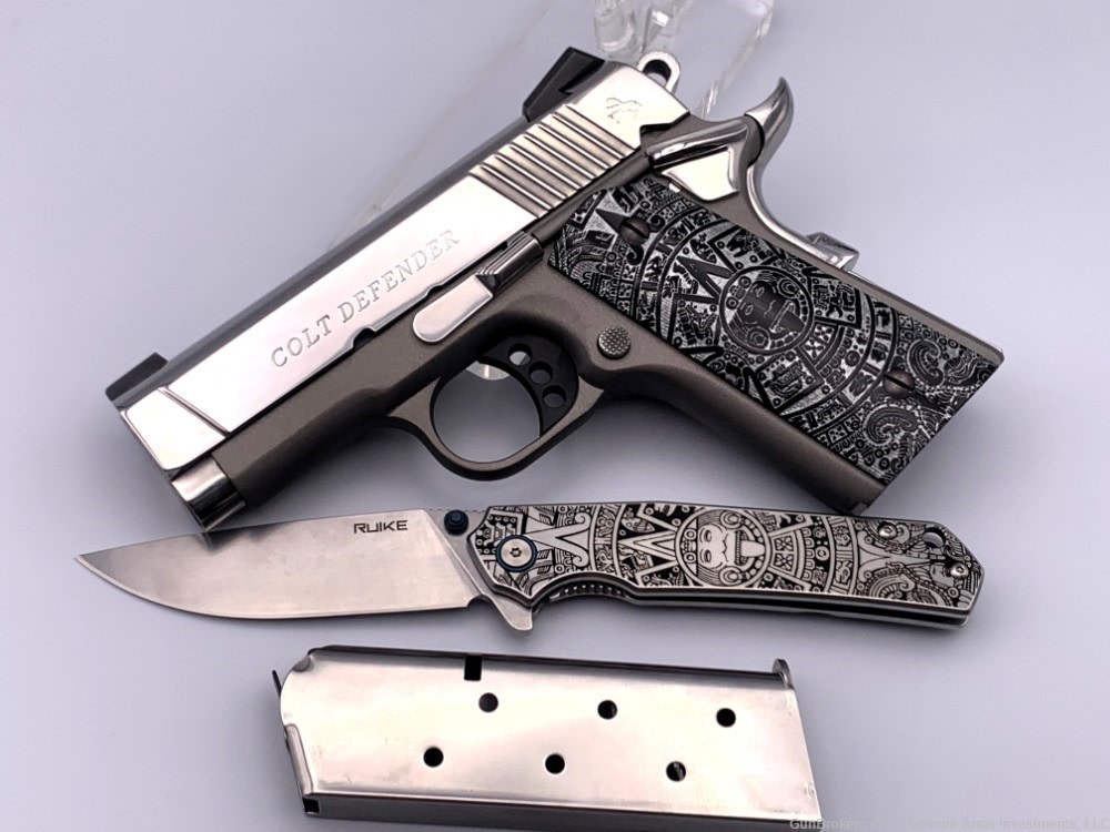 Ultra Rare COLT 1911 Defender 45 ACP 1911 Bright Polished Aztec Knife/Grips-img-4