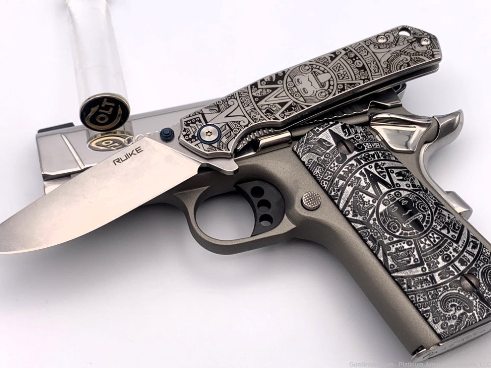 Ultra Rare COLT 1911 Defender 45 ACP 1911 Bright Polished Aztec Knife/Grips-img-1