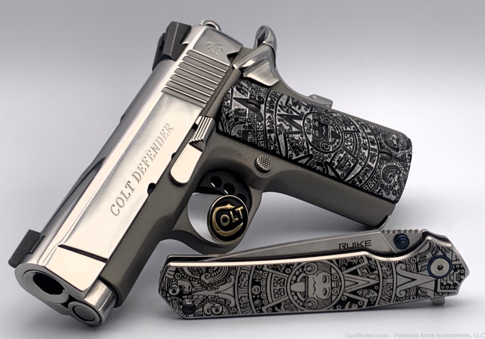 Ultra Rare COLT 1911 Defender 45 ACP 1911 Bright Polished Aztec Knife/Grips-img-9