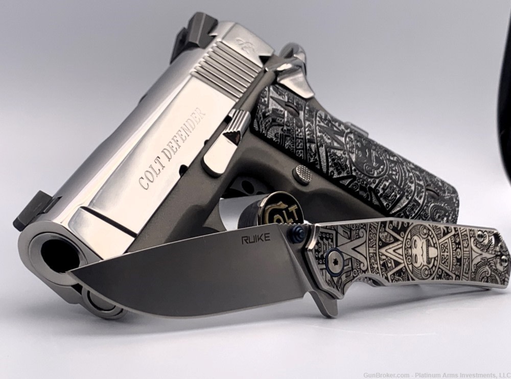 Ultra Rare COLT 1911 Defender 45 ACP 1911 Bright Polished Aztec Knife/Grips-img-0
