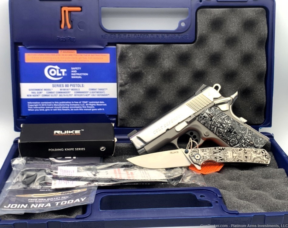 Ultra Rare COLT 1911 Defender 45 ACP 1911 Bright Polished Aztec Knife/Grips-img-10