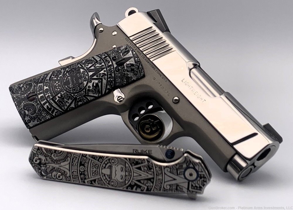 Ultra Rare COLT 1911 Defender 45 ACP 1911 Bright Polished Aztec Knife/Grips-img-8