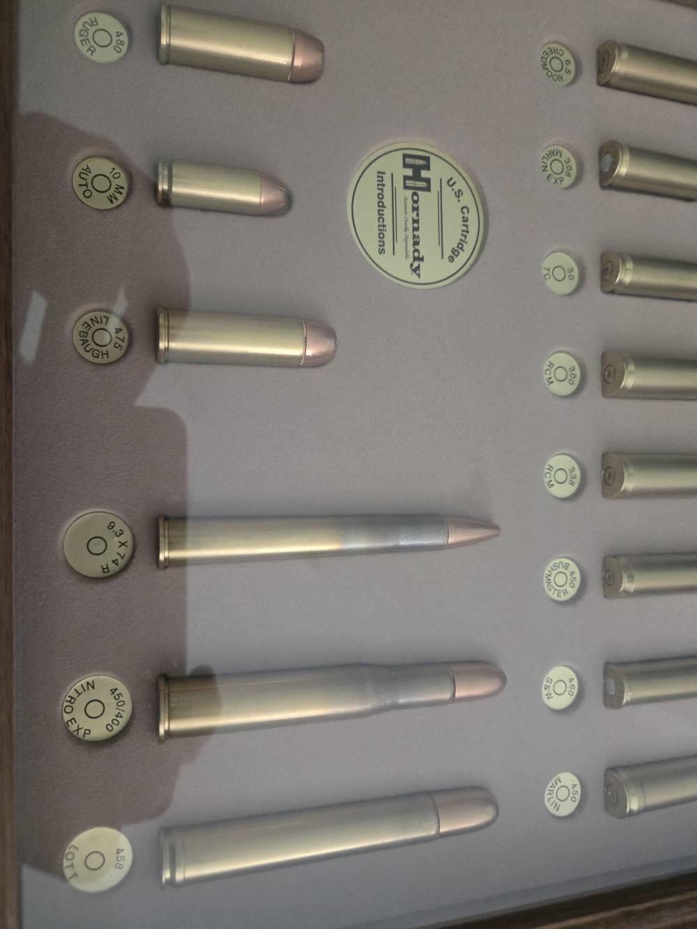 Hornady bullet board display w/ pistol and rifle rounds oak framed 21 round-img-4