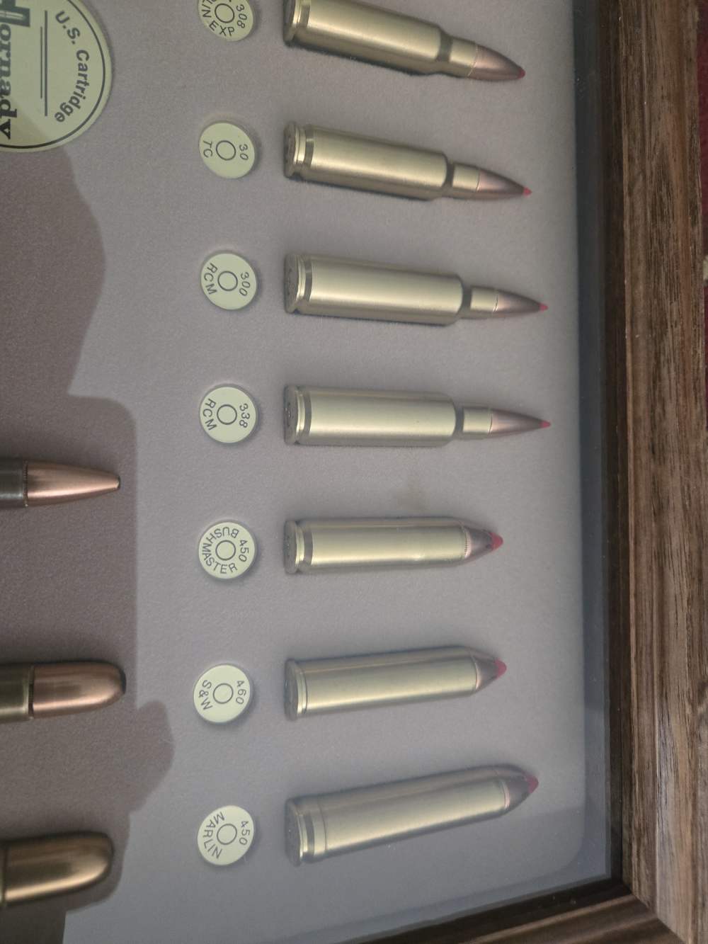 Hornady bullet board display w/ pistol and rifle rounds oak framed 21 round-img-2
