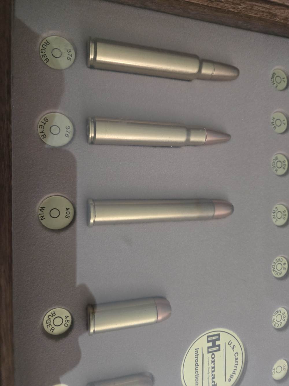 Hornady bullet board display w/ pistol and rifle rounds oak framed 21 round-img-3