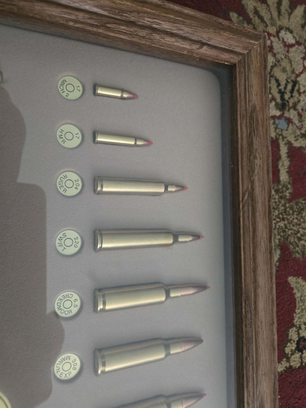 Hornady bullet board display w/ pistol and rifle rounds oak framed 21 round-img-1