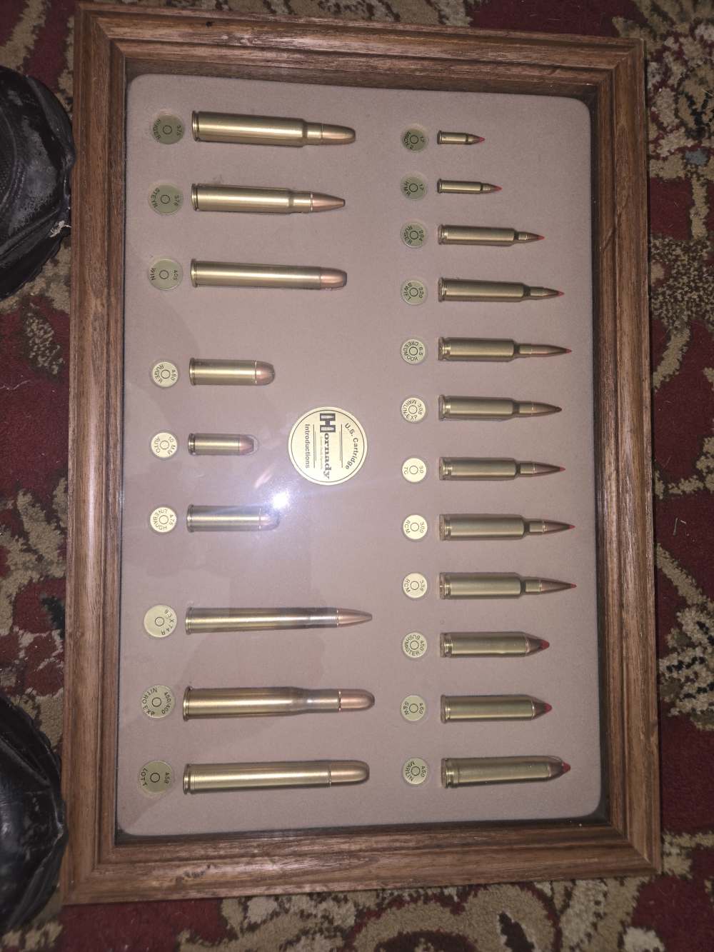 Hornady bullet board display w/ pistol and rifle rounds oak framed 21 round-img-0