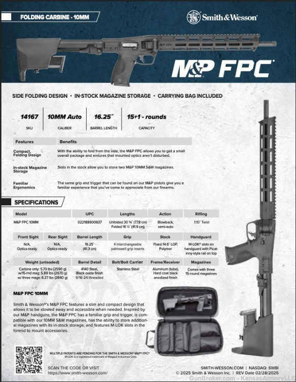 Smith & Wesson M&P FPC  10mm 16.25" Barrel 3-15rd mags SKU: 14167-img-3
