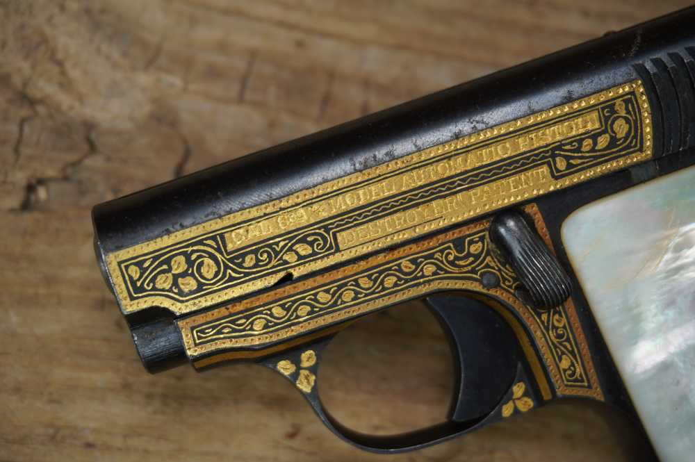 Spanish "Destroyer" 25 auto Damascened GOLD INLAY pearl grips must see C&R-img-9