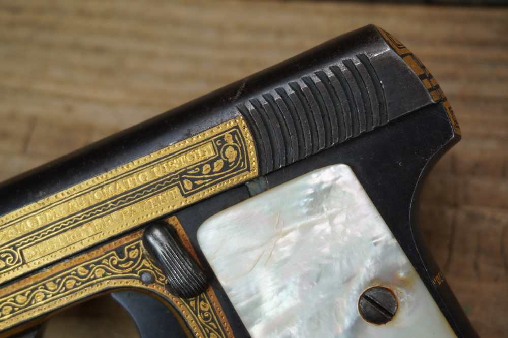Spanish "Destroyer" 25 auto Damascened GOLD INLAY pearl grips must see C&R-img-5