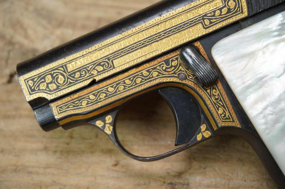 Spanish "Destroyer" 25 auto Damascened GOLD INLAY pearl grips must see C&R-img-7