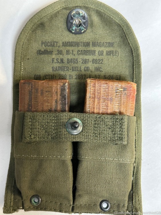 US 1950'S  M1 CARBINE US GI O.D.  POUCH WITH 2-15RD MAGAZINES.-img-0
