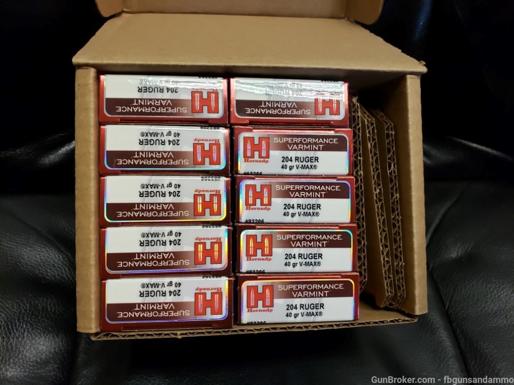 NEW 200 ROUNDS HORNADY SUPERFORMANCE VARMINT 204 RUGER 40 GRAIN V-MAX .204-img-0