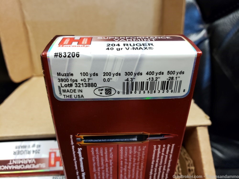 NEW 200 ROUNDS HORNADY SUPERFORMANCE VARMINT 204 RUGER 40 GRAIN V-MAX .204-img-2