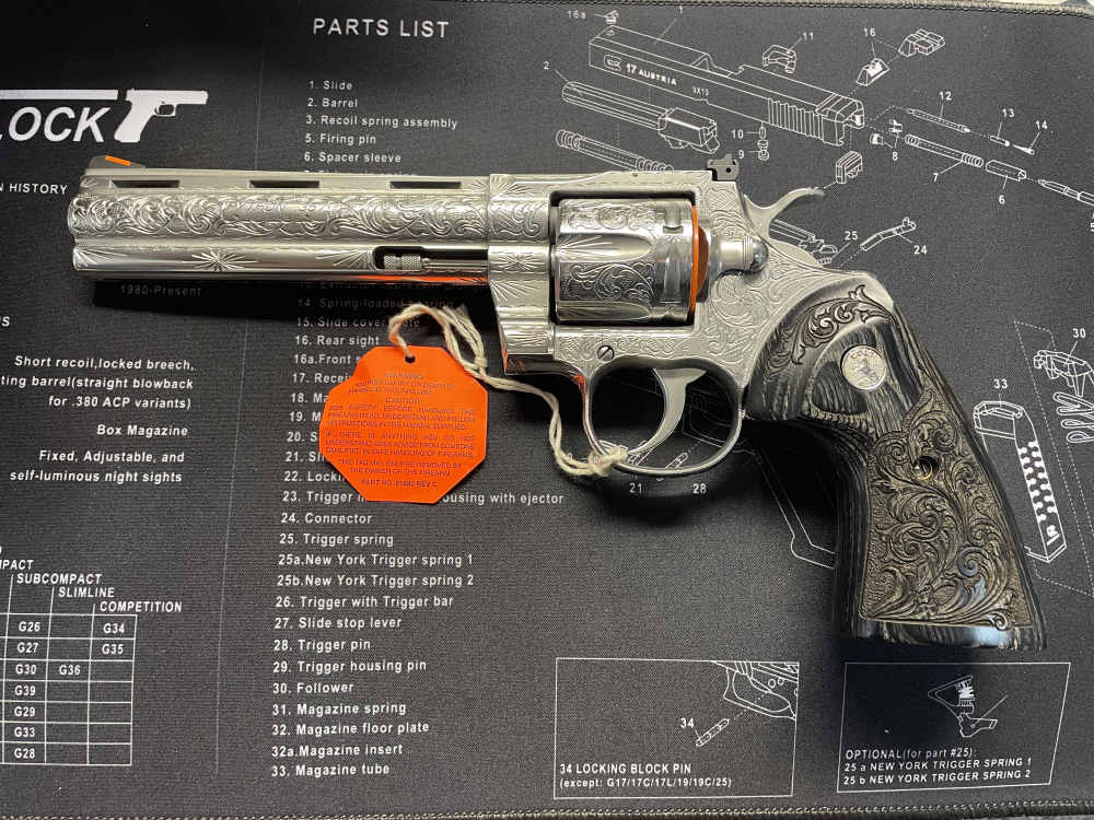 COLT PYTHON 6”  .357 Engraved, Custom Grips, Stainless Steel-img-0