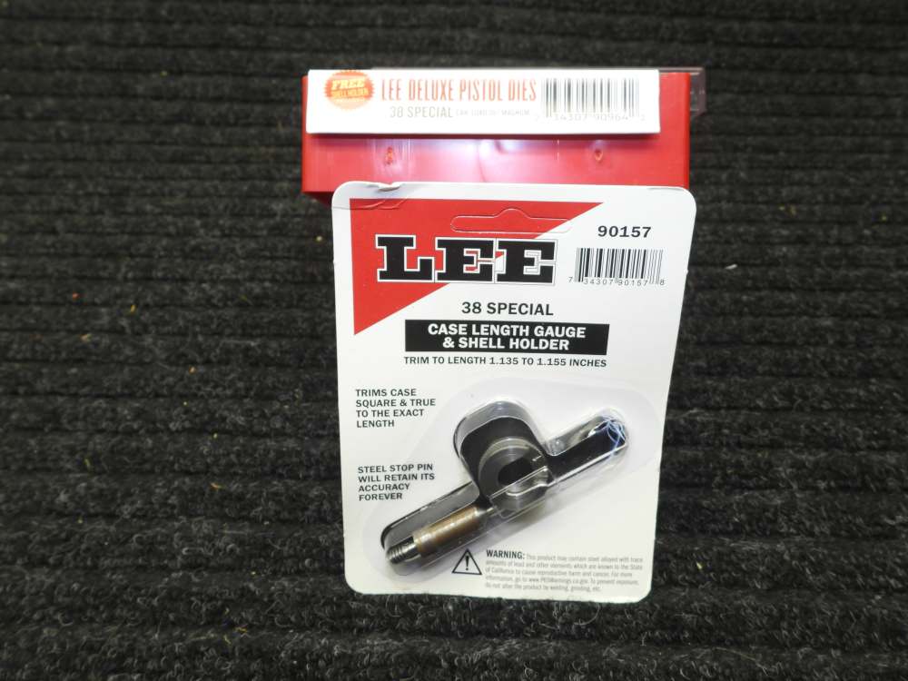 Lee .38-.357 deluxe carbide die set, plus shell holder and case trimmer-img-0