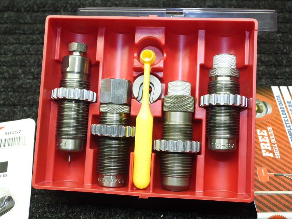 Lee .38-.357 deluxe carbide die set, plus shell holder and case trimmer-img-5