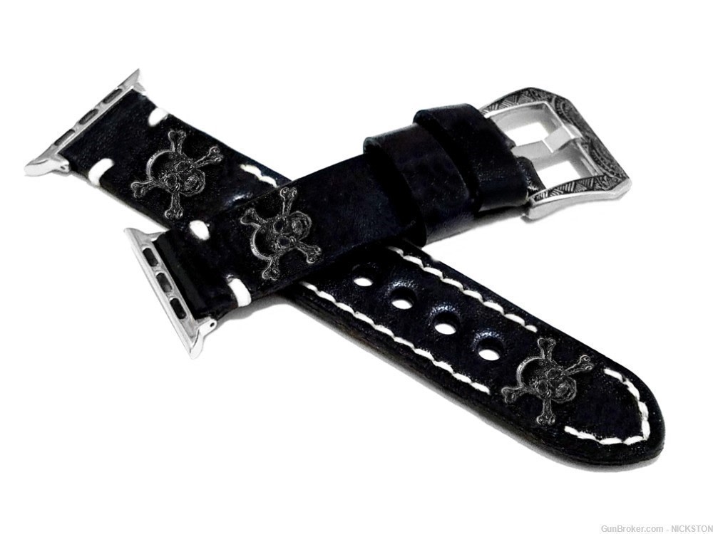 Black Skull Crossbones Leather Band Strap for 44mm Apple Watch All Series-img-4
