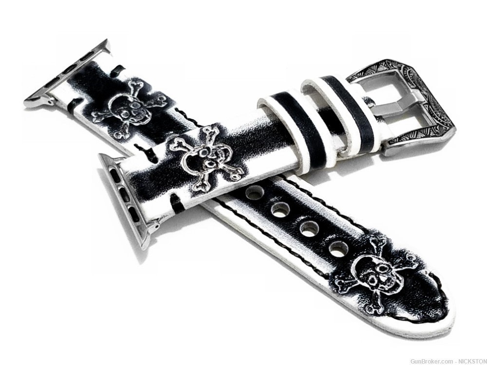 White & Black Skull Crossbones Leather Band for 44mm Apple Watch All Series-img-4