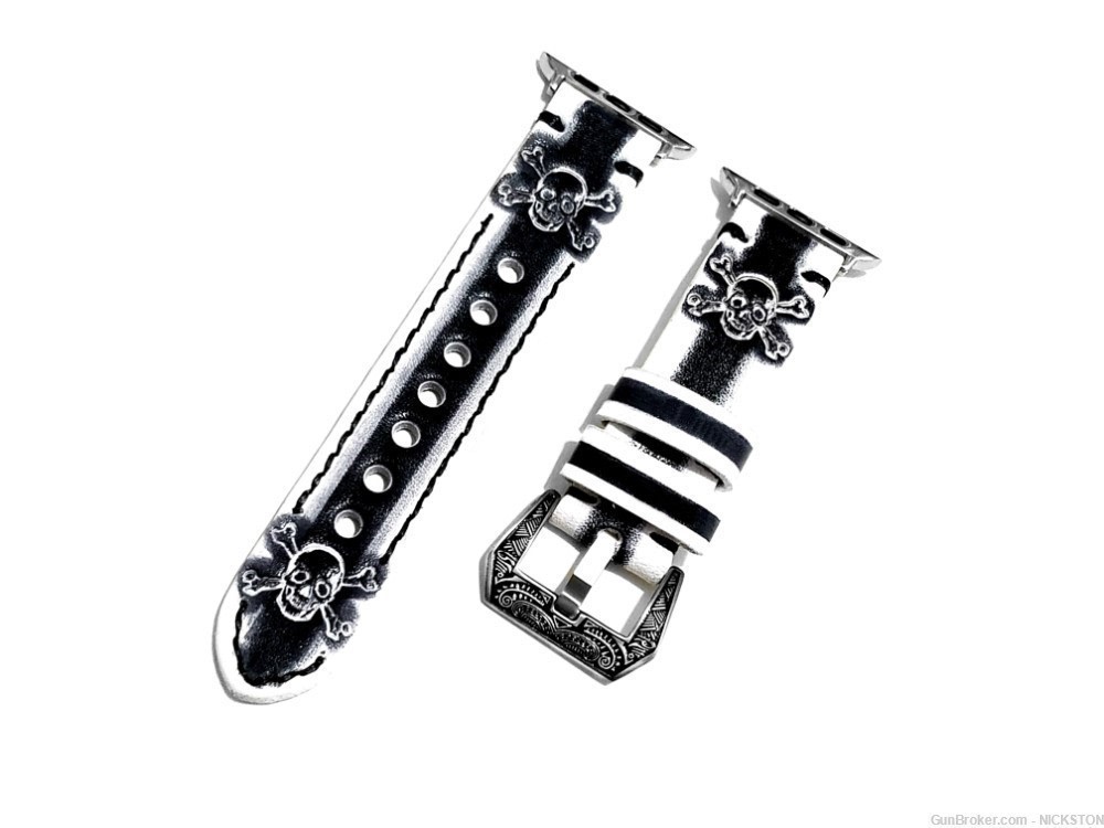 White & Black Skull Crossbones Leather Band for 44mm Apple Watch All Series-img-2