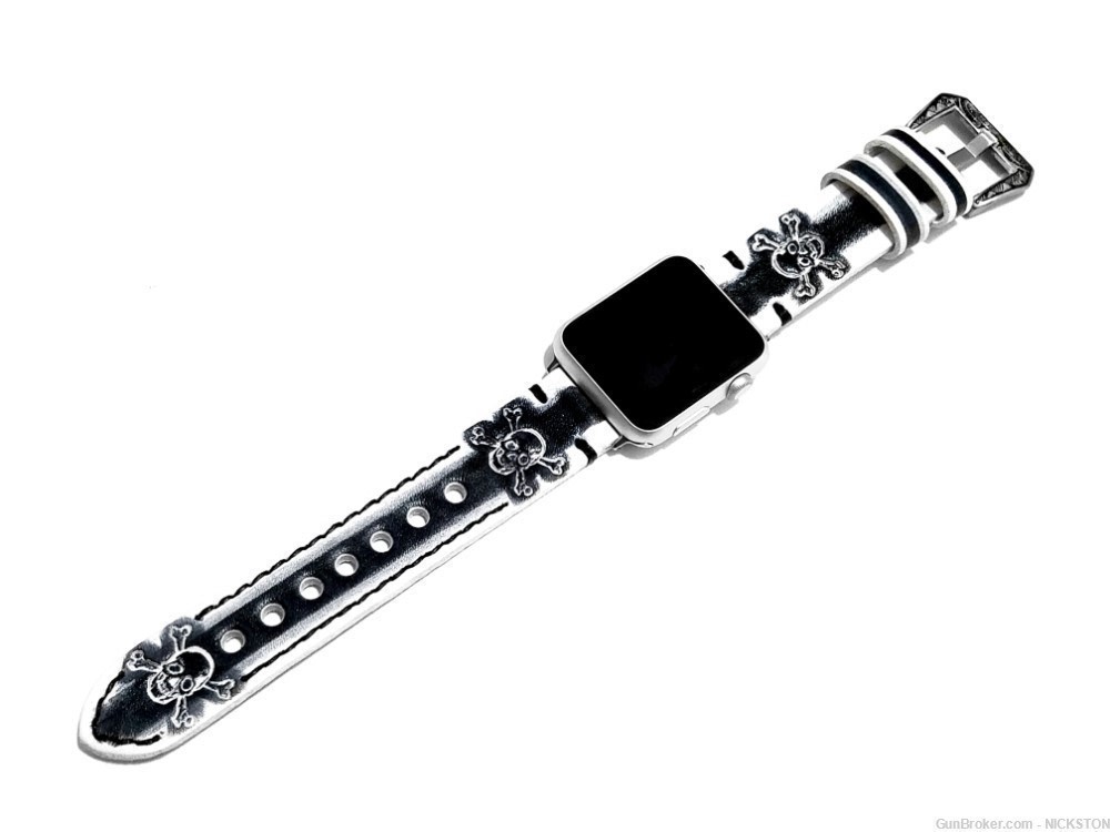White & Black Skull Crossbones Leather Band for 44mm Apple Watch All Series-img-5