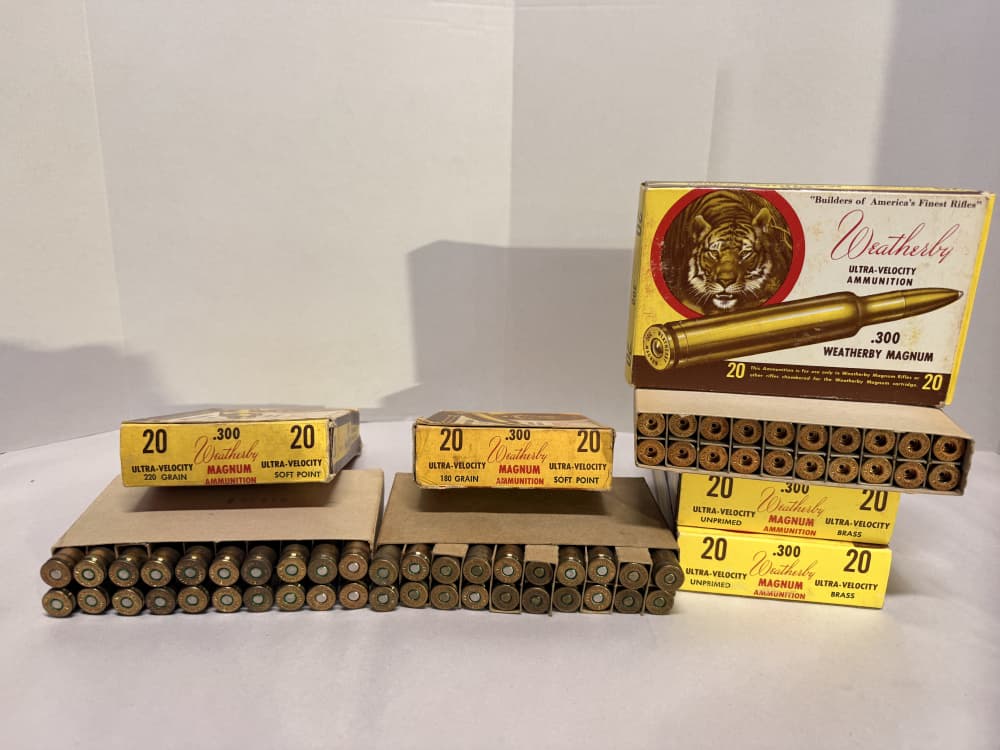 Vintage Weatherby 300 Mag Ammo & Brass Lot 40Rds 60pc New Unprimed Tiger Bx-img-0
