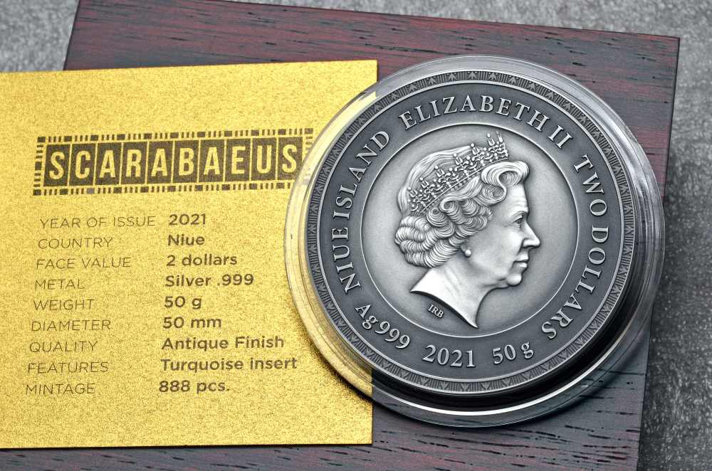 2021-Niue - 50 grams .999 antiqued silver -Scarabaeus Beetle w/ turquoise -img-3