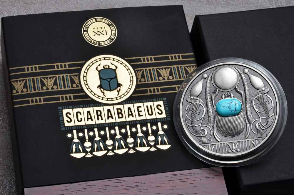 2021-Niue - 50 grams .999 antiqued silver -Scarabaeus Beetle w/ turquoise -img-0