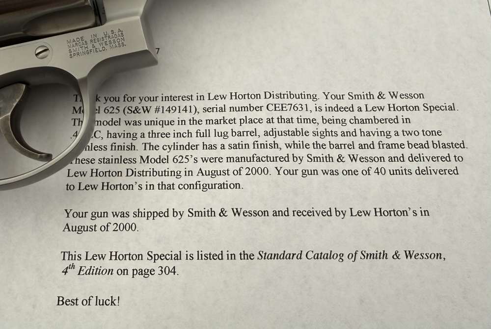 S&W 625-7 Lew Horton .45 Colt 3" Full Lug Stainless 1 of 40 Boxed Lettered-img-3