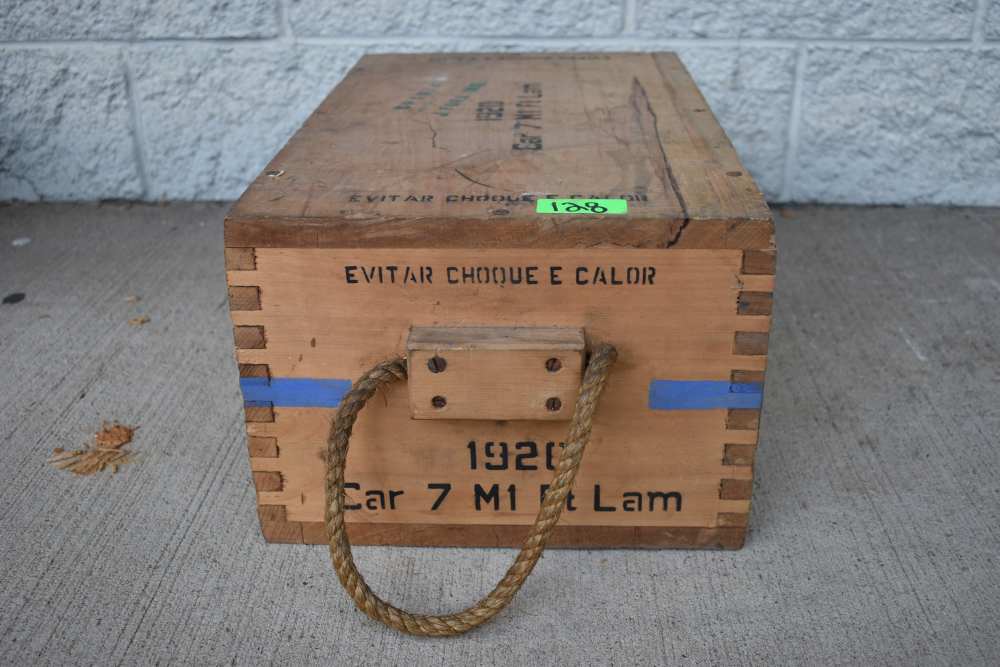 Vintage 1969 Brazilian Army Wooden 7.62 NATO Ammunition Linked Ammo Crate-img-2
