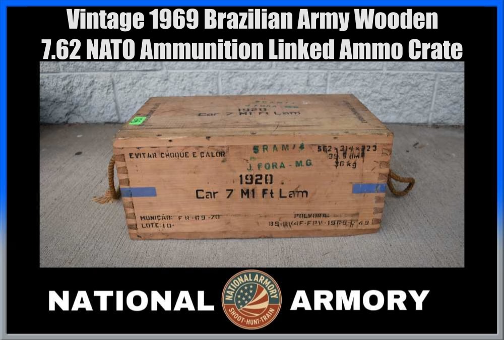 Vintage 1969 Brazilian Army Wooden 7.62 NATO Ammunition Linked Ammo Crate-img-0