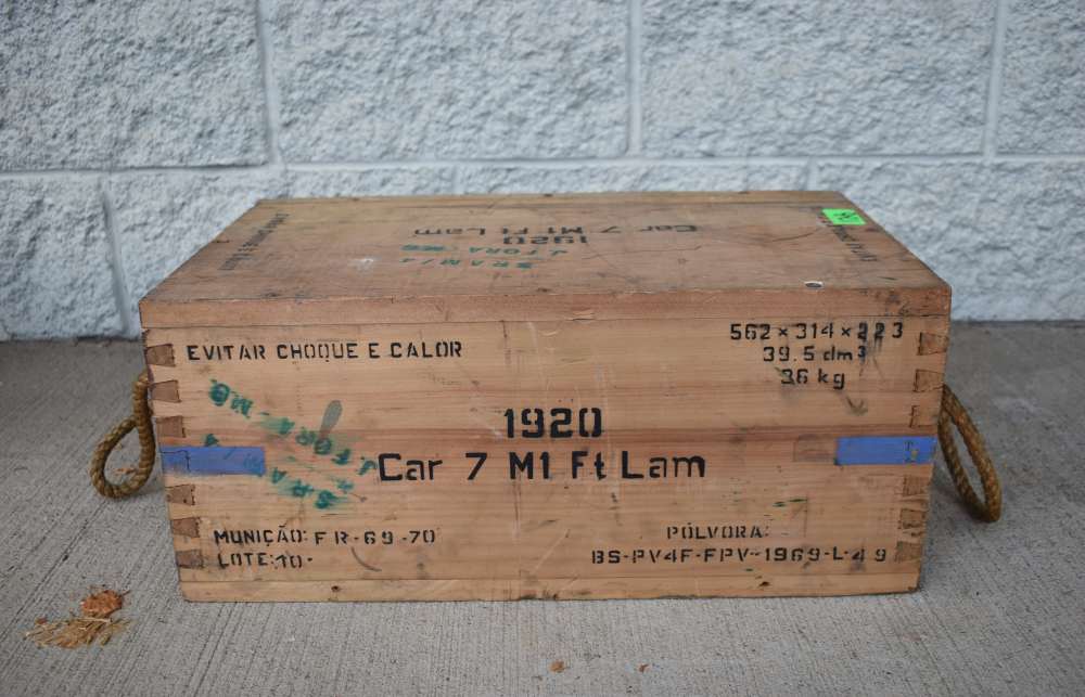 Vintage 1969 Brazilian Army Wooden 7.62 NATO Ammunition Linked Ammo Crate-img-1