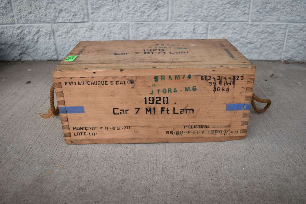 Vintage 1969 Brazilian Army Wooden 7.62 NATO Ammunition Linked Ammo Crate-img-3