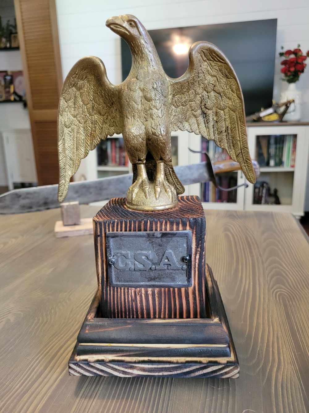 Original Civil War Flag Pole Topper w/Stand Repro CSA Plate-img-0