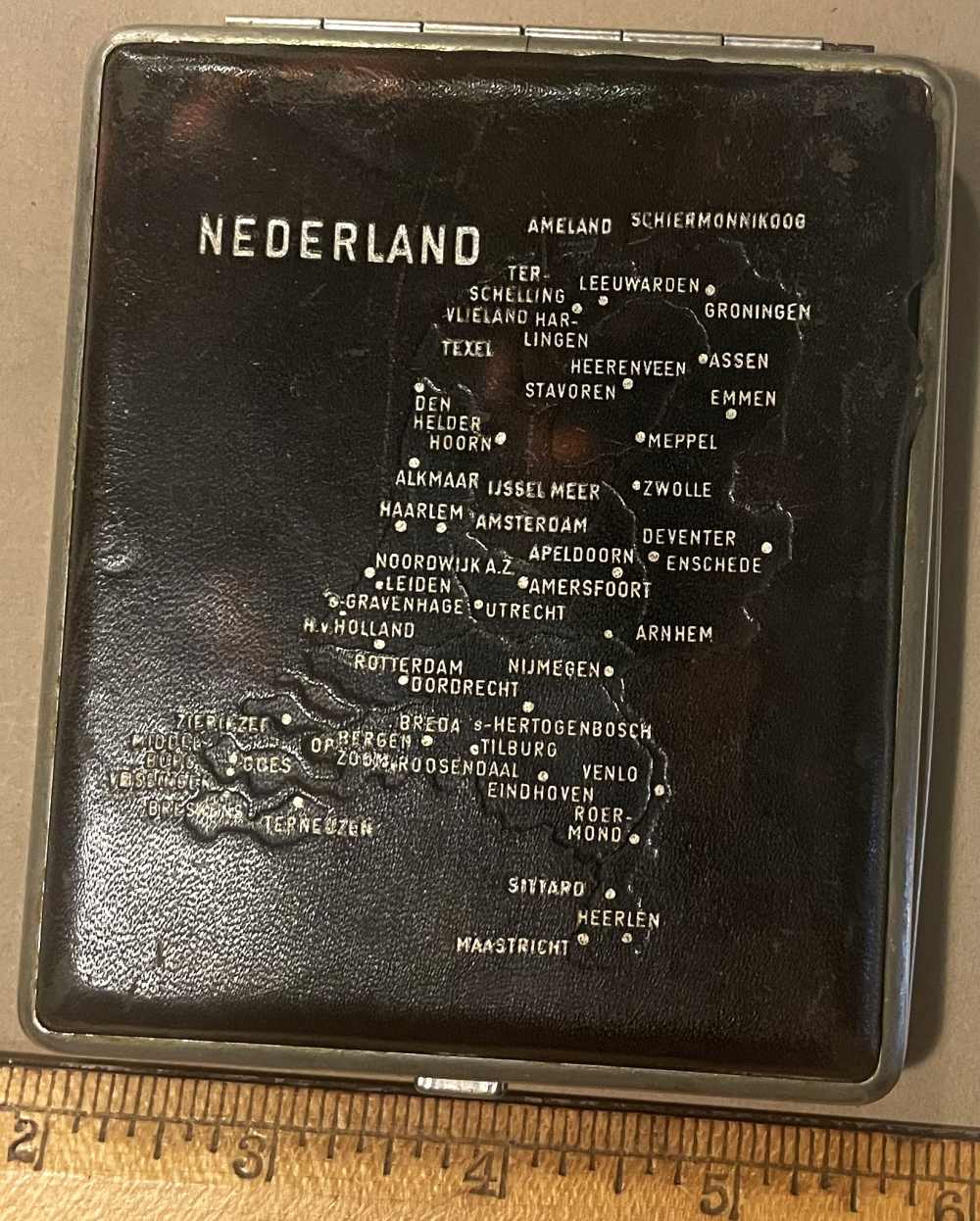 WWII German SS Cigarette Case in Leather  Nederland Souvenir Named-img-0