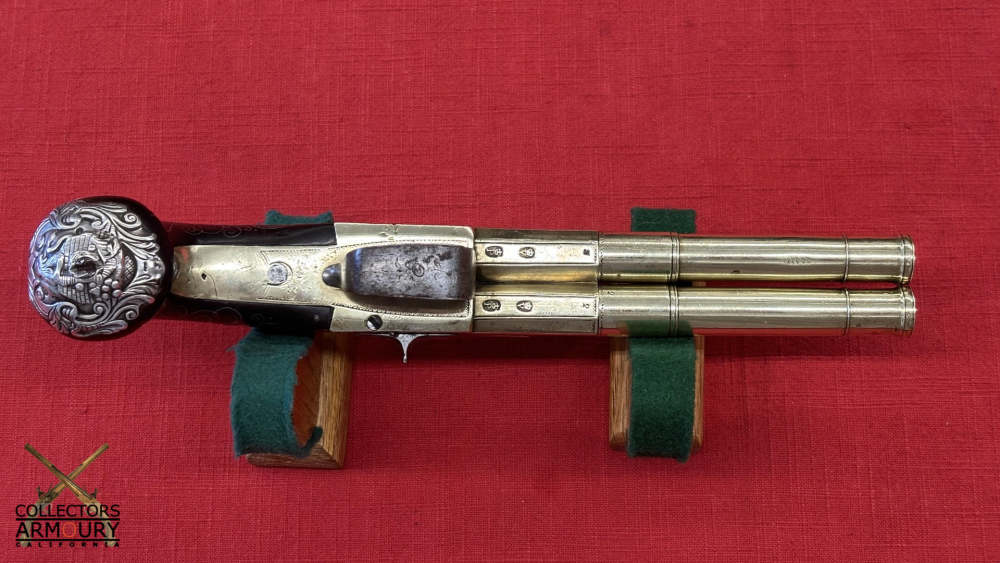 English Double Barrel Brass Frame Flintlock Breechloading Carriage Pistol-img-4