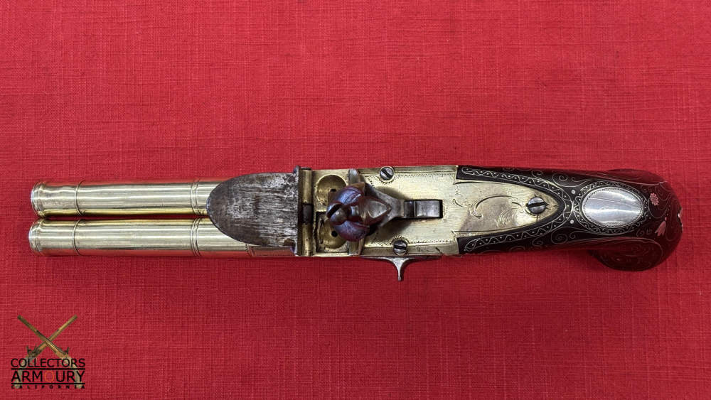 English Double Barrel Brass Frame Flintlock Breechloading Carriage Pistol-img-3