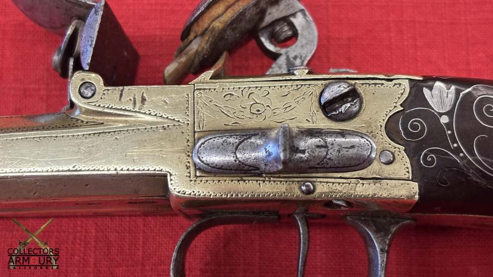 English Double Barrel Brass Frame Flintlock Breechloading Carriage Pistol-img-11