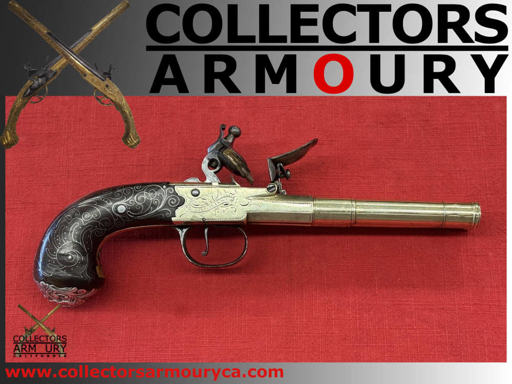 English Double Barrel Brass Frame Flintlock Breechloading Carriage Pistol-img-0