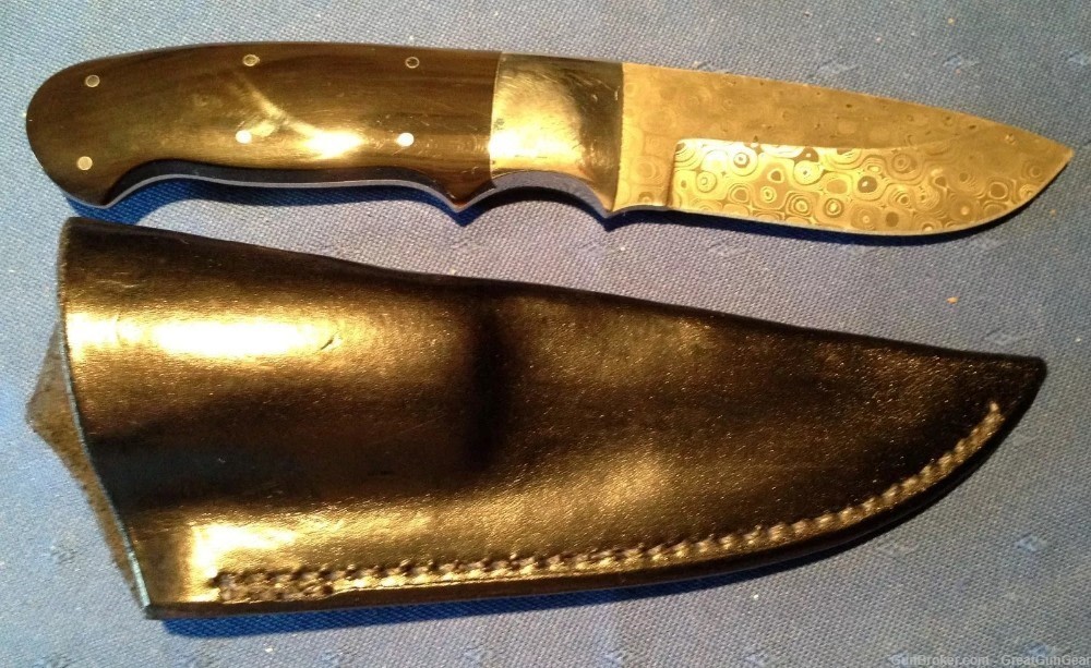 Ed VanHoy Custom Knives Buffalo Hunter Fixed Blade Damascus Knife & Sheath-img-0