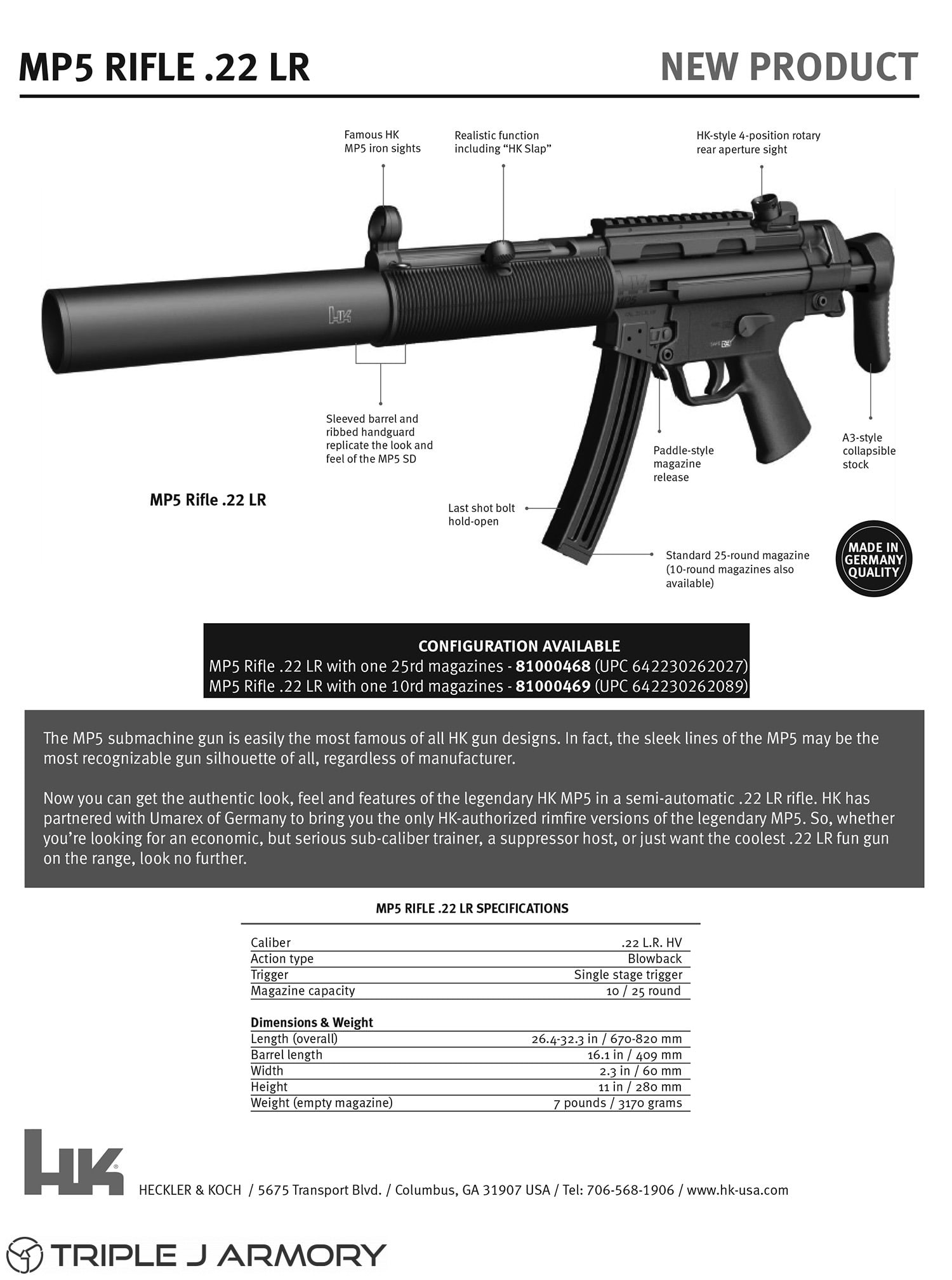 Heckler & Koch MP5 RFL 16.1 .22 LR Rifle 81000468 Matte-img-2