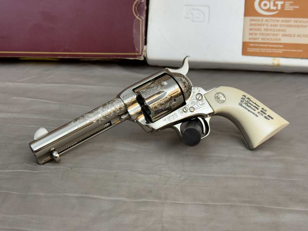 LNIB 1988 Colt SAA Engraving Sampler .45colt Ivory Grips Nickel Finish-img-0