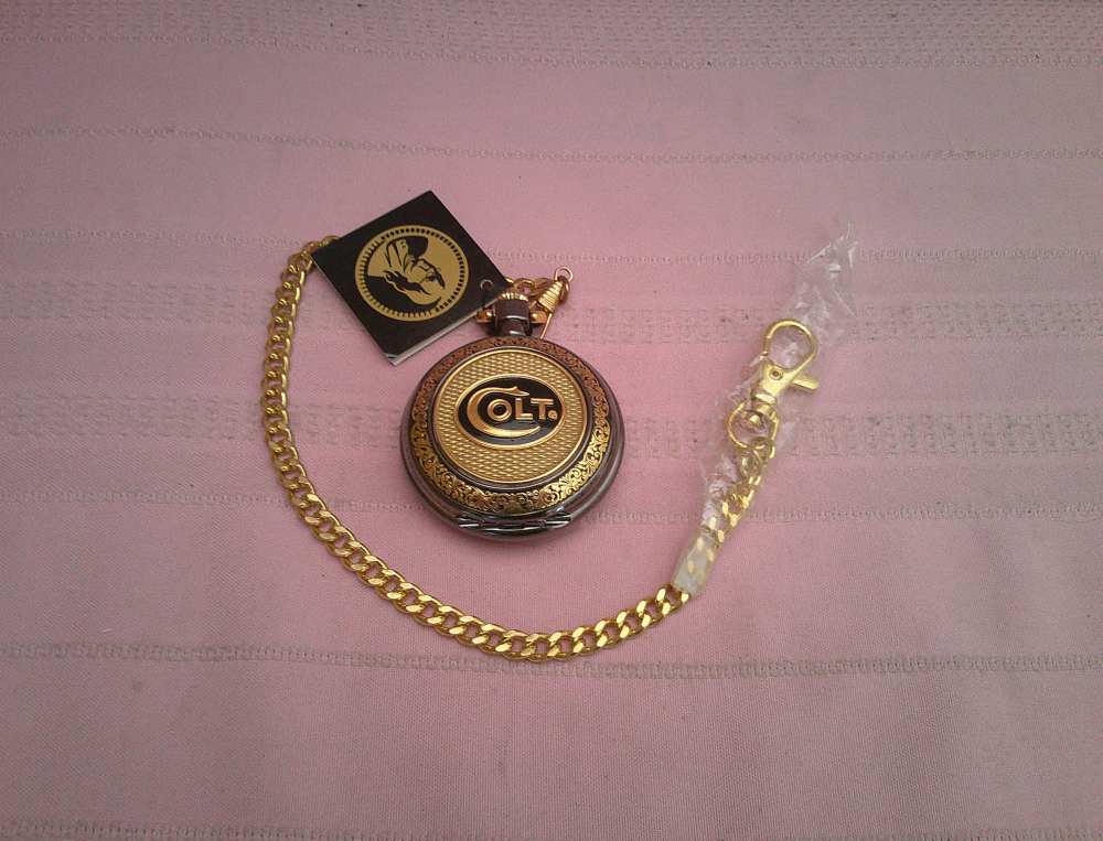 NIB Working Franklin Mint Colt 1911 .45 24-karat gold accent pocket watch!-img-8